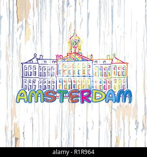 Colorful Amsterdam drawing on wooden background. Hand drawn vector illustration. Stock Vector