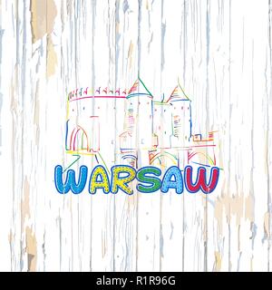 Colorful Warsaw drawing on wooden background. Hand drawn vector illustration. Stock Vector