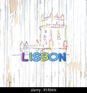 Colorful Lisbon drawing on wooden background. Hand drawn vector illustration. Stock Vector