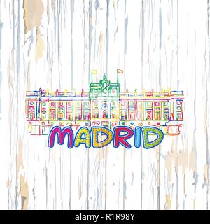 Colorful Madrid drawing on wooden background. Hand drawn vector illustration. Stock Vector