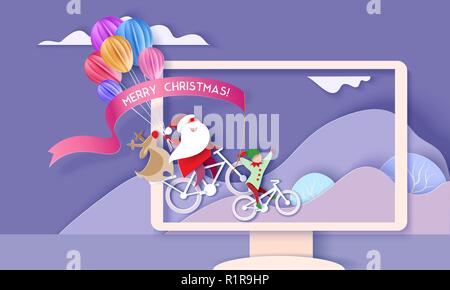 Merry Christmas design card with Santa Claus and elf and deer on bicycles in Monitor screen with mountains. Paper cut style. Vector illustration Stock Vector