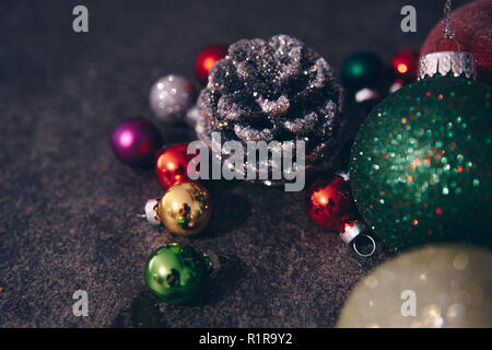 High angle view of christmas balls on flat surface Stock Photo