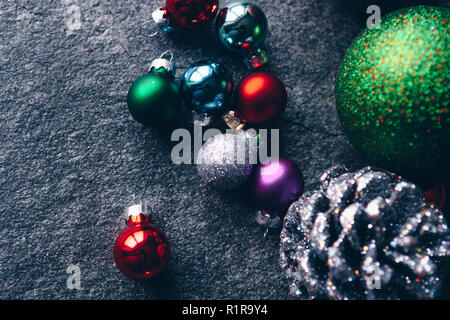 High angle view of christmas balls on flat surface Stock Photo
