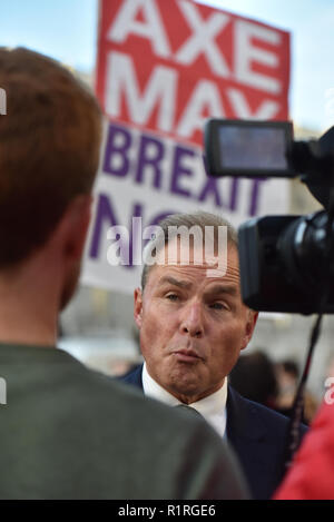 Downing Street, London, UK. 14th November 2018. Former deputy leader of UKIP Peter Whittle. Pro-Brexit supporters demonstrate opposite Downing Street as the PM Theresa May is holding a cabinet meeting to discuss the withdrawal agreement document. Credit: Matthew Chattle/Alamy Live News Stock Photo