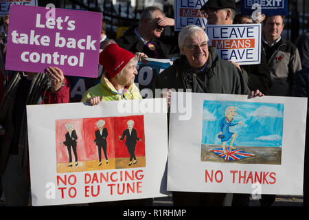 London, UK: 3On the day that Prime Minister Theresa May petitions her cabinet on the current negotiations to leave the EU, Brexiters opposite Downing Street in Whitehall, protest that Leave Means Leave, on 14th November 2018, in London, England. Photo by Richard Baker / Alamy Live News Stock Photo