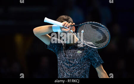 London, UK. 14th Nov 2018. Novak Djokovic (Serbia) during day four the second round robin match at the Nitto ATP Finals London at the O2, London, England on 14 November 2018. Photo by Andy Rowland. Credit: Andrew Rowland/Alamy Live News Stock Photo