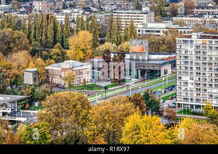 Rotterdam, The Netherlands, November 12, 2018: aerial view of two museums, Kunsthal and Natural History, surrounded by parks in autumn colors Stock Photo
