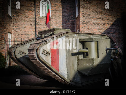 Mark IV world war one tank  full scale authentic reproduction with solider and flag Stock Photo