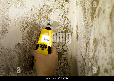 Person is measuring the humidity in a wet wall Stock Photo