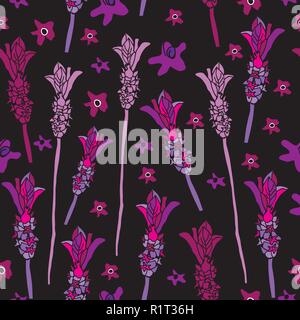 French Lavender-Love in Parise Seamless Repeat Pattern on Black Background . Light Pink and White Colors. Stock Vector