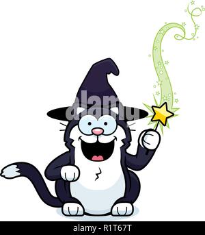 A cartoon illustration of a little witch cat casting a magic spell. Stock Vector