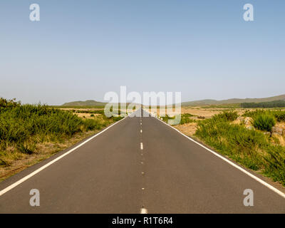 Endless, lonely straight road through the desert of the high plateau Paul da Serra on Madeira, Portugal Stock Photo