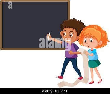 Boy and girl writing the chalkboard illustration Stock Vector
