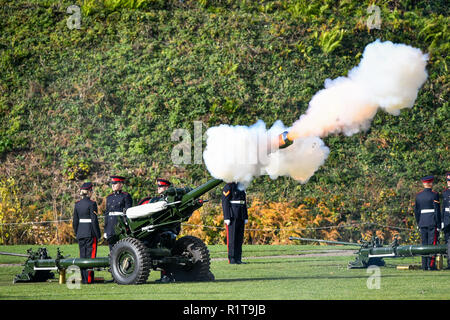 Army Reservists from 104 Regiment Royal Artillery fire a 21-gun salute at Cardiff Castle, to mark the Prince of Wales' 70th birthday. Stock Photo