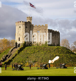 Army Reservists from 104 Regiment Royal Artillery fire a 21-gun salute at Cardiff Castle, to mark the Prince of Wales' 70th birthday. Stock Photo