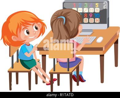 Girl learning math on computer illustration Stock Vector