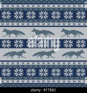 Knitted scandinavian seamless ornament with a running fox and snowflakes Stock Vector