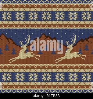 Knitted wool tapestry with deers on a background of mountains, starry sky and spruce forest Stock Vector