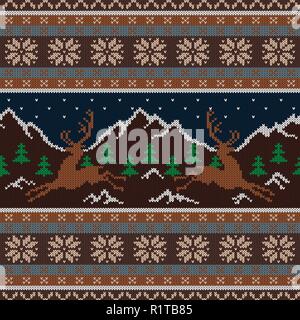 Knitted wool tapestry with deers on a background of snow-capped mountains and a starry sky Stock Vector