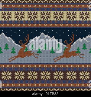 Knitted wool tapestry with deers on a background of snow-capped mountains and a starry sky Stock Vector