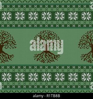 Knitted woolen seamless ornament with the Celtic Tree of Life and snowflakes Stock Vector