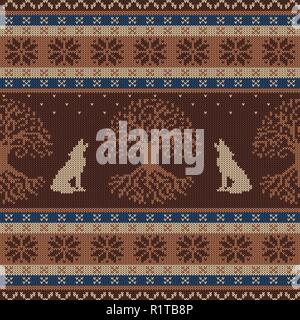 Winter knitted woolen seamless pattern with Tree of life and howling wolves Stock Vector