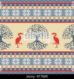 Celtic Tree of Life and Crane. Knitted woolen seamless ornament Stock Vector