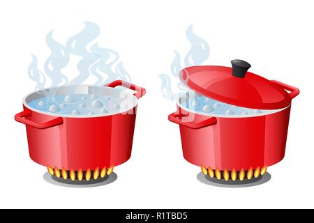 Set red pans with boiling water, opened and closed pan lid Stock Vector