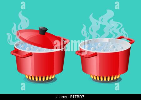 Set red pans with boiling water, opened and closed pan lid Stock Vector