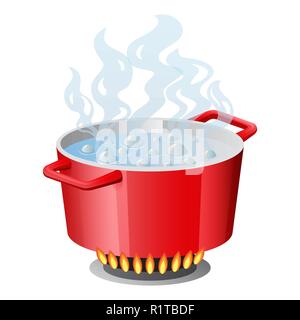 Red pan, saucepan, pot, casserole, cooker, stewpan with boiling water and opened pan lid vector isolated on white Stock Vector