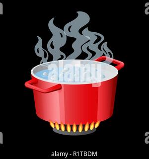 Red pan, saucepan, pot, casserole, cooker, stewpan with boiling water and opened pan lid vector isolated on white Stock Vector