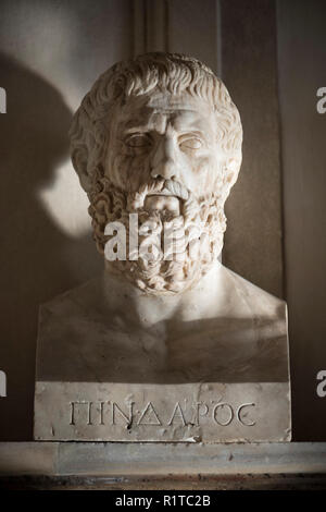 Rome. Italy. Portrait bust of Pindar (Pindaros/Pindarus, ca. 522 – ca. 443 BC) ancient Greek lyric poet from Thebes in the Hall of the Philosophers, C