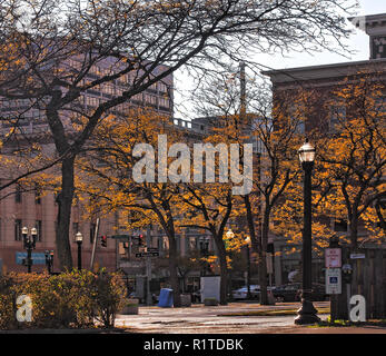 Syracuse, New York, USA. November 10, 2018. View of the corner of Salina and Fayette Streets in the center of downtown Syracuse, New York on a sunny a Stock Photo