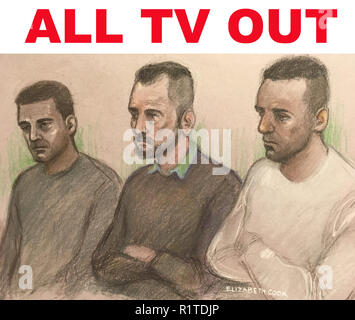 ALL TV OUT Court artist sketch by Elizabeth Cook of (left to right) Hawkar Hussan, Arkan Ali and Aram Kurd in the dock at Leicester Crown Court where they are on trial for the murder of five people who were killed in a shop blast. They are also accused of plotting with one of the victims to make a bogus insurance claim before she died in the explosion which destroyed a shop and flat on Hinckley Road in Leicester. Stock Photo