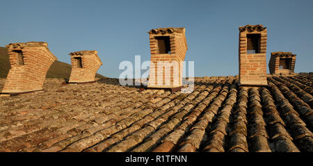Od style chimneys and tiles on house roof Stock Photo