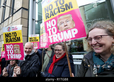 Anti-racism protesters outside Edinburgh International Conference Centre, where former White House advisor, Steve Bannon is speaking at the European Broadcasting Union's News Xchange event. Stock Photo