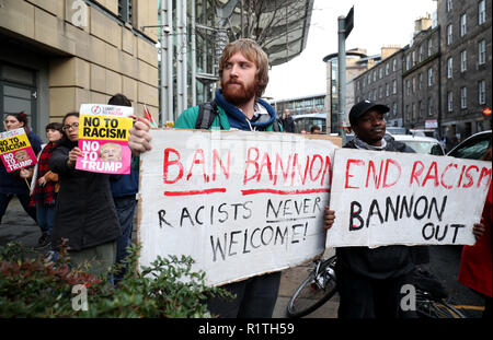 Anti-racism protesters outside Edinburgh International Conference Centre, where former White House advisor, Steve Bannon is speaking at the European Broadcasting Union's News Xchange event. Stock Photo