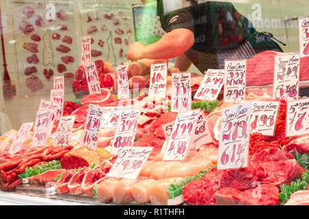 Leeds/England - May 16th 2014: Leeds City Market butcher shop Stock Photo