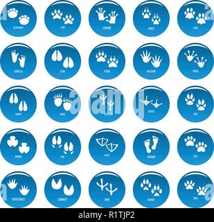Animal footprint icons set blue. Simple illustration of 25 animal footprint vector icons for web Stock Vector