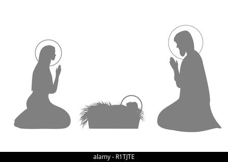 Jesus Christ story illustration set with Mary, Joseph and baby Jesus silhouette Stock Vector