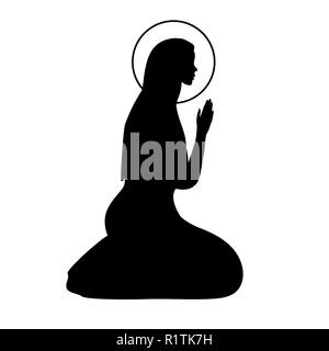 Icon with praying Virgin Mary. Hand drawn outline design element for manger nativity and Christmas scenes. Stock Vector
