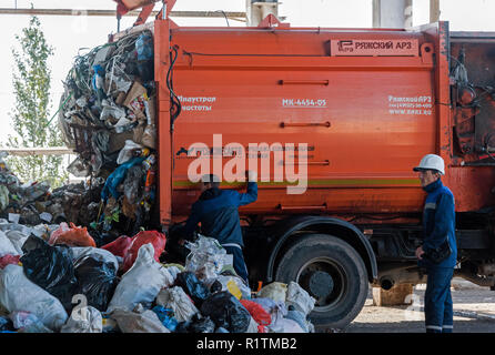 Waste collection vehicle unloading at the Mixed-waste processing facility in Astrakhan, Russia Stock Photo