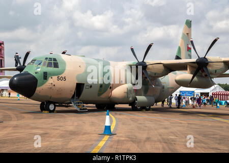 FAIRFORD, UK - JUL 13, 2018: Royal Air Force of Oman Lockheed C-130H Hercules transport plane on the tarmac of RAF Fairford airbase. Stock Photo