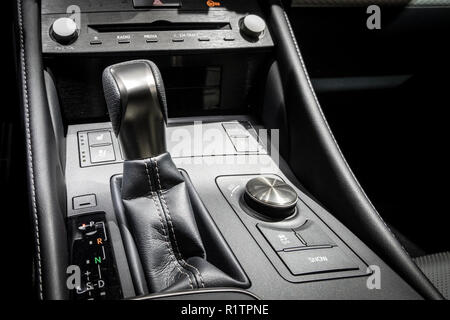 Gear shift in the middle console of a modern car Stock Photo