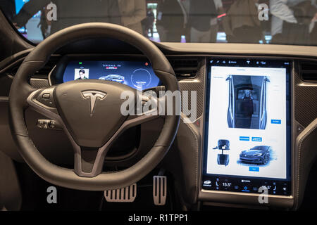 PARIS - OCT 3, 2018: Interior dashboard view of theTesla Model S P100D electric car showcased at the Paris Motor Show. Stock Photo