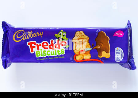 packet of Cadbury Freddo Biscuits delicious biscuits dipped in milk chocolate isolated on white background Stock Photo