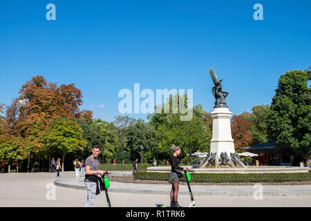 Statue of the Fallen Angel on a roundabout in the Retiro Park, Madrid, Spain Stock Photo