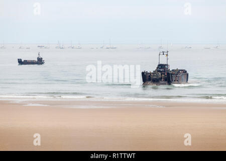 Royal Marines from HMS Bulwark preparing to make a beach landing in  LCU MK10 and LCVP MK5 landing craft, Sunderland Airshow, Tyne and Wear, 2016 Stock Photo