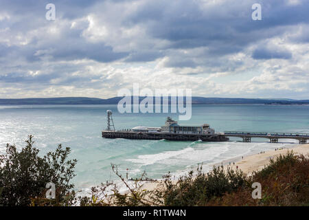 View of Bournemouth beach & pier from the East Cliff with rain clouds forming, Dorset UK Stock Photo