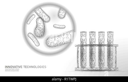 Test tube bacteria 3D low poly render probiotics. Laboratory analysis microorganism. Healthy flora of human body. Modern science technology medicine allergy immunity thearment vector illustration Stock Vector